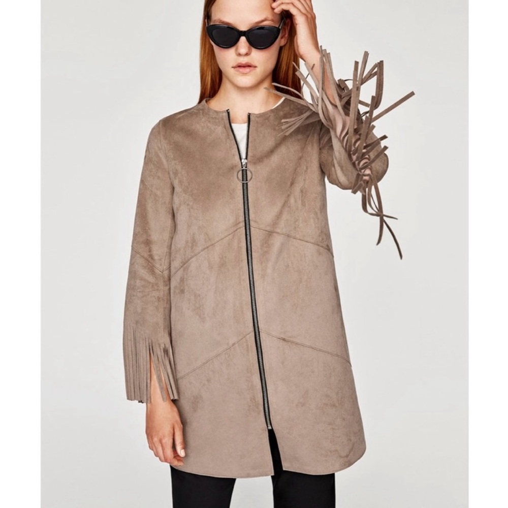 Zara Taupe Faux Suede Fringe Jacket